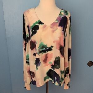 CAbi V-Neck Watercolor Print Sheer Long Sleeve Relaxed Fit Top - Multicolor